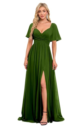 Image of Women's Flutter Sleeves Chiffon Bridesmaid Dresses with Slit Long A Line V-Neck Formal Party Dress with Pockets