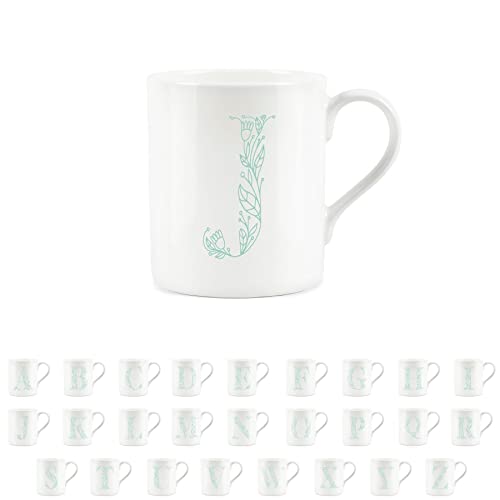 Purely Home Floral Green Letter J Mug - Fine Bone China Small Coffee Tea Mug Present Personalised Initial Gift