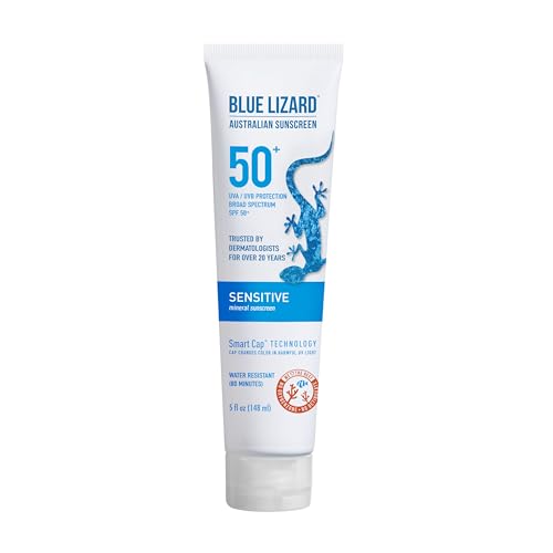 BLUE LIZARD Sensitive Mineral Sunscreen with Zinc Oxide 50+ Water Resistant UVAUVB Protection with Smart Cap Technology Fragrance Free, Sensitve, SPF 50 – – Tube, Unscented, 5 Fl Oz