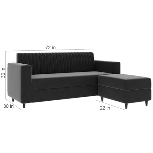 Image of FURNY Premium Joy 4 Seater Fabric L Shape Sofa Set - 3 Seater Modern Sofa Set with Ottoman for Living Room | with Velvet Fabric | 3- Year Warranty in Dark Grey Color