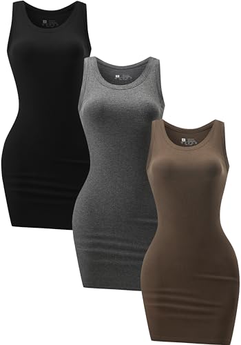 Image of Chongbaijia 3 Pack Summer Dresses for Women 2026 Ribbed Crewneck Tank Top Dress Sleeveless Sundress Basic Bodycon Mini Dress