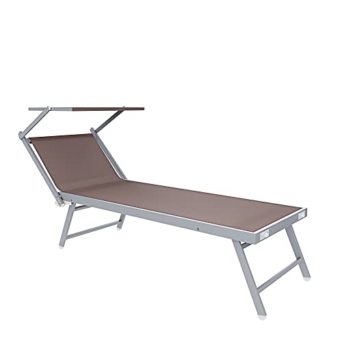 Lettino Pieghevole Prendisole In Alluminio E Tessuto Textilene Professionale Tettuccio Orientabile 182 x 60 x 38 cm Tettino Parasole Sdraio Prendi Sole Mare Spiaggia Piscina Giardino (Tortora)