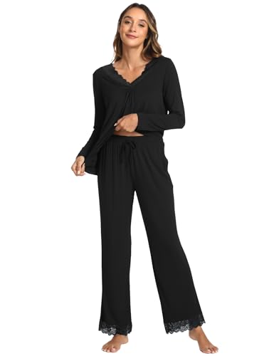 GYS Bamboo Viscose Women's Pajama Sets Long Sleeve Lace V-Neck Soft 2 Piece Sleep Set3