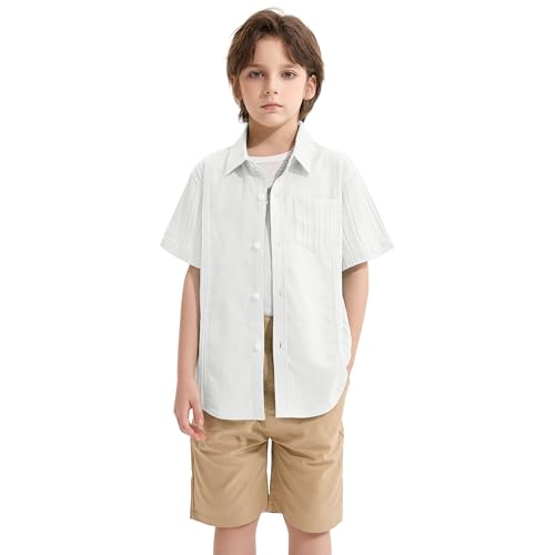 LOLANTA Boys Linen Shirt Short Sleeve Guayabera Shirts Button Down Textured Summer Outfits Beach Tops with One Pocket