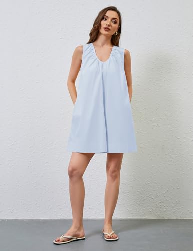 Image of Women Summer Sleeveless Babydoll Mini Dress Scoop Neck Loose Fit Tank Dresses Party Ruched Short Dress witn Pockets Blue