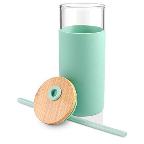 Tronco 20 oz Glass Tumbler with Lid and Straw, Iced Coffee Cup and Smoothie Cup with Bamboo Lids & Protective Silicone Sleeve, Dishwasher Safe, BPA-Free, Glass Cup 1 Pack - Image 3