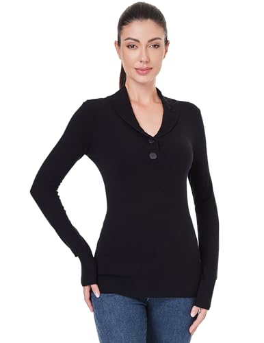 Image of AmelieBoutik Women Cable Knit Button Collar V Neck Ribbed Trim Long Sleeve Sweater Top