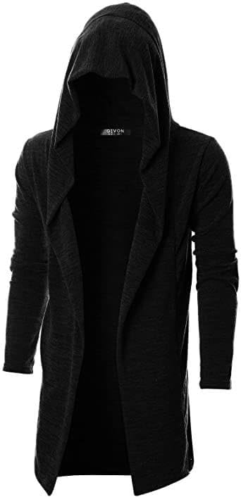Image of Longline Hooded Cardigan Ruffle Shawl Collar Open Front Drape Cape Overcoat