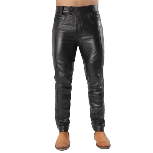 Men's Black Matte Faux Leather Slim Pencil Pants Vintage Pu Splicing Straight Trousers with Pocket Motorcycle Style