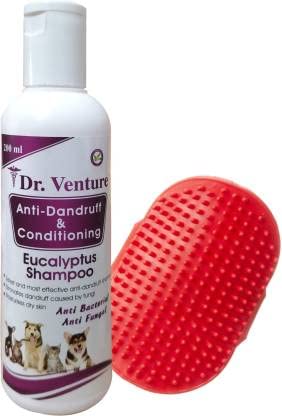 Dr Venture Anti-Dandruff & Conditioning Eucalyptus Dog & Cat Shampoo 200 ml + Bathing and Grooming Rubber Hand Brush for Pets