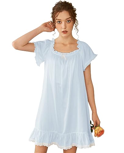 Image of Nanxson Women's Cotton Nightgown Short Sleeve Sleepwear Vintage Nightshirt | Summer Victorian Sleepdress,White Sleepshirt,U Neck Lace Loungewear,Soft Nightshirt,Loose Loungedress,Bride Nightwear