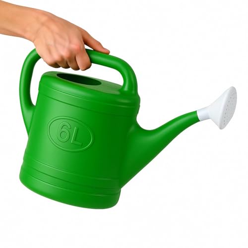 TECHZOCO Regadera de plástico, Regadera para Interior y Exterior, regadera de jardín, Diseño con Pico, Accesorio de riego, Asa de Transporte, Cabezal Efecto Lluvia, Verde, 6 litros