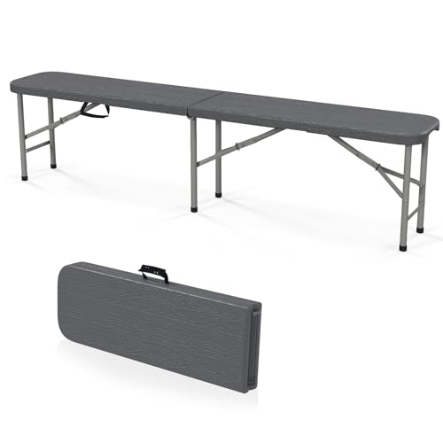 KOMFOTTEU Panca da Giardino Pieghevole in Plastica, Panchina da Esterno Portatile con Maniglia di Trasporto, Panca da Campeggio con Telaio in Metallo, per Patio, Picnic, Portata 300 kg (Nero II)