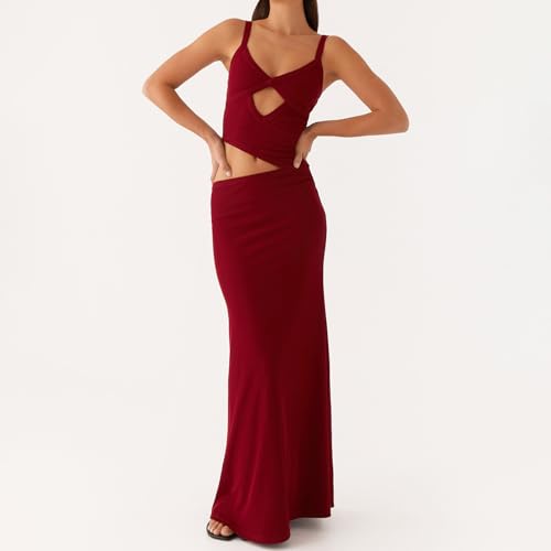 Image of Women Cut Out Maxi Dress Sleeveless Spaghetti Strap V Neck Backless Summer Bodycon Long Dress Party Dress