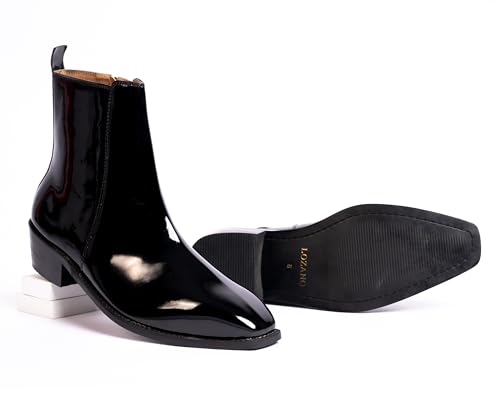 Image of LOZANO Italian Cut Black Patent Leather Chelsea Boots for Men | High Ankle Cuban Heel Square Toe Zip Closure Cushioned Insole Boot