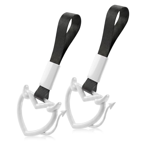 Image of 2 Pcs Devil Heart Shaped Car Handle Strap - JD M Drift Charm Rear Bumper Warning Ring Decor for Car Interior Exterior, Subway Bus Handle Accessory, Cute Heart Car Decor Gift (White-Tail)