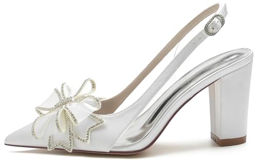 Hanfike Wedding Dress Shoes for Women Slingback Chunky High Heel Bridal Pumps with Bows JY0232