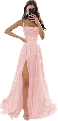 Glitter Sequin Blush Prom Dresses for Women 2025 Long Cowl Neck Sparkly Corset Formal Evening Gowns...