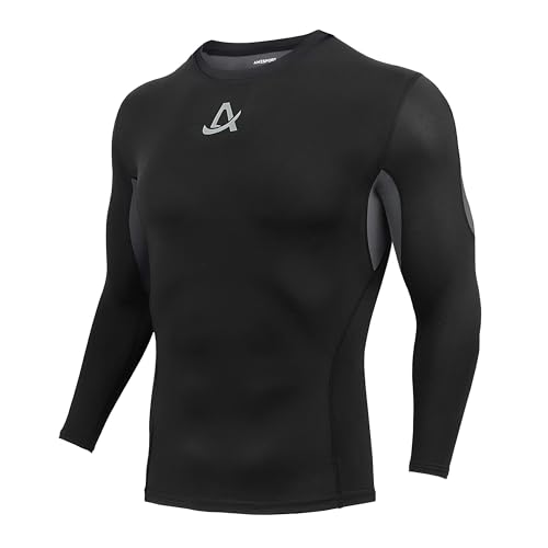 AMZSPORT Camisa de Compresión Deportiva para Hombre Camiseta de Manga Larga Capa Base Fresca y, Negro L