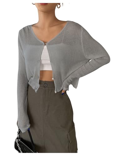 Image of Floerns Women's Ribbed Knit Long Sleeve Button Front V Neck Cardigan Crop Top