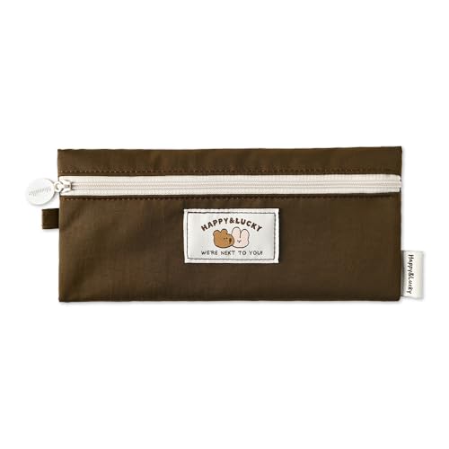 Image of Monolike Happy and Lucky Flat Pencil Case, Brown - Slim Water-Resistant Nylon Pen Pouch, Aesthetic Pastel Stationery Organizer for Office