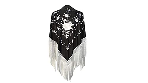 La Senorita Spanish Flamenco Dance Shawl black with white flowers and Fringes2