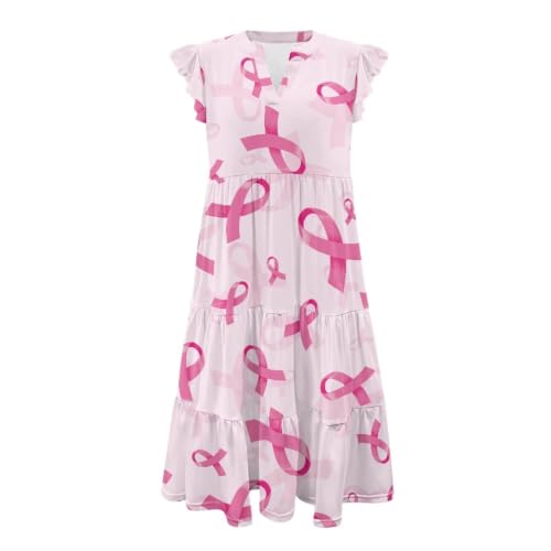 Image of Women's Casual Ruffle Sleeve Dress V Neck Pullover Dress Flowy A-Line Pleated Lightweight Dress with Pockets