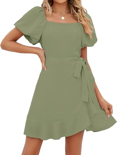 Image of Sampeel Womens Summer Dresses Square Neck Puff Sleeve Tie Waist Short Dress