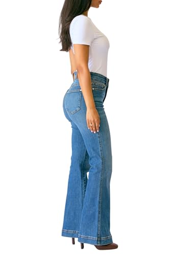 Judy Blue Women's High Waist Flare Jeans – Petite Fit, Tummy Control, Double Button WB, Stretch Denim, Inseam 30"3