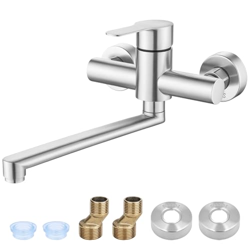 Druuzyl Grifo Cocina de Pared Grifo Mural Giratorio 360° Mezclador Monomando de Fregadero Acero Inoxidable Grifo de Pared Mezclador de Agua Fría y Caliente, Aireador Extraíble（Plateado）