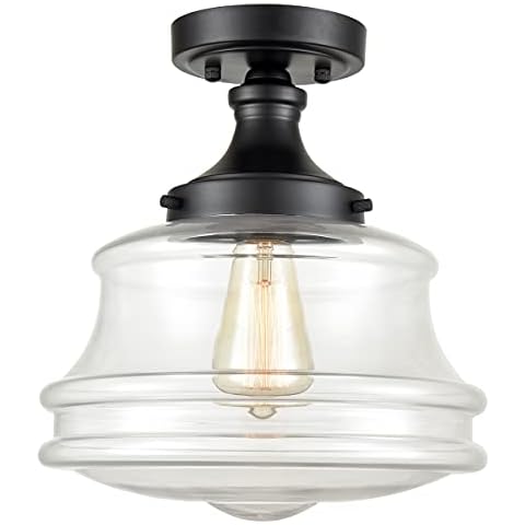 TEENYO Industrial Black Semi Flush Mount Ceiling Light Clear Glass Ceiling Light Fixture 11-Inch Schoolhouse Semi Flush Ceiling Light for Hallway Bedroom Bathroom Cover