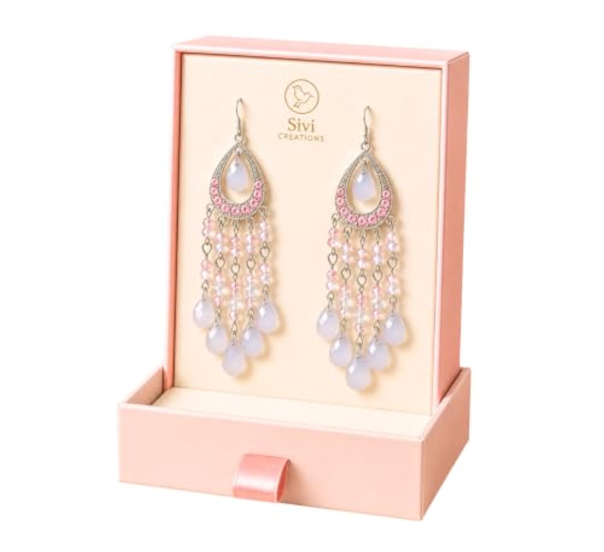 Women's White Pink Beaded Long Dangle Jhumka Earrings