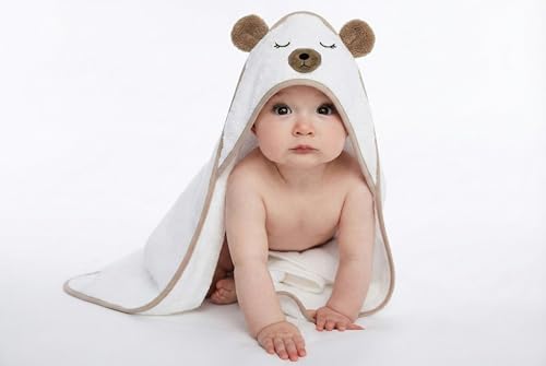 Image of Organic Baby Hooded Bath Towel 30x30 Inch - 100% Organic Cotton, 380 GSM Soft & Absorbent Newborn Towel with Embroidered Hood, (Bear)