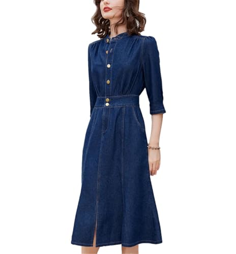 Womens Retro Style Casual Denim Dress Round Neck Three Quarter Sleeve Slim Fit A Line Fishtail Dress