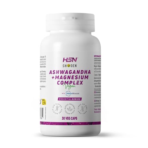 HSN Ashwagandha Shoden® + Magnesio Albion™ Minerals | 30 Cápsulas Vegetales | Complejo Extracto de Ashwagandha + Magnesio Quelado + L-Teanina Natural | Antes de Dormir | No-GMO, Vegano, Sin Gluten