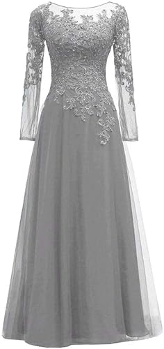 HUINI Tüll Abendkleider Spitze Ballkleider Lang A-Linie Brautjungfernkleider Brautkleid Vintage Festkleid Langarm Schatten 42