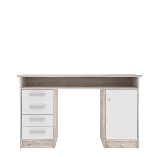 Forte NET 106 Schreibtisch 120 130, moderner Schreibtisch mit 4 Schubladen und 1 Tür, Computertisch, Home Office, Büro, Holzwerkstoff, Sandeiche Dekor/Weiß, 126 cm breit x 75,8 cm hoch x 55 cm tief