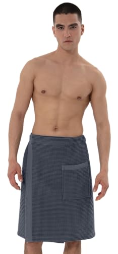Men's Organic Waffle Spa Wrap – GOTS Certified 100% Turkish Cotton, Adjustable Closure, Same-Color Piping