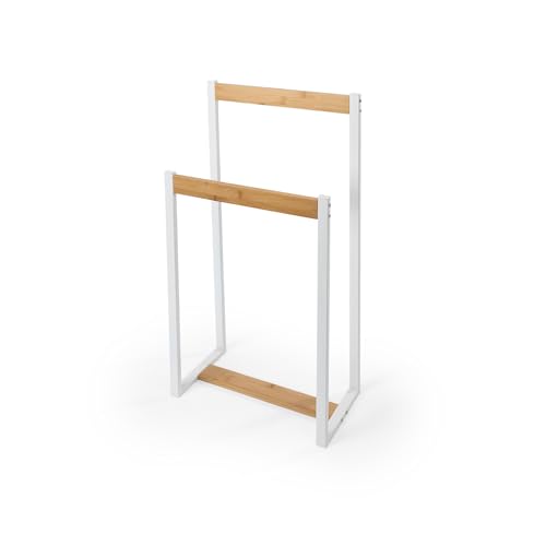LIN HOME XZ 22179 1 Toallero de Pie con 2 Barras de Madera y Metal 41x18x80cm para Baño, Lavadero, Dormitorio