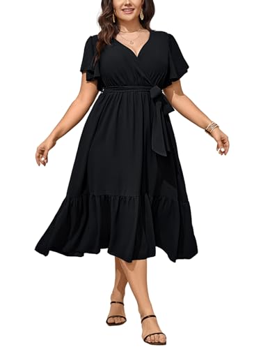 SCOMCHIC Womens Plus Size Wedding Guest Dresses Summer Wrap V Neck Short Sleeve Belted Ruffle Hem A-Line Flowy Maxi Dress