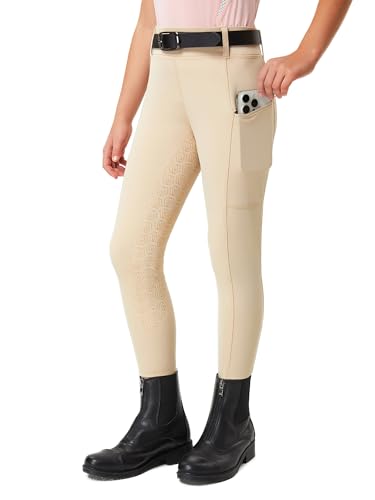 FitsT4 Sports Girls Riding Pants Full Seat Kids Equestrian Breeches Stretchy Youth Horse Schooling Tights Zipper Pockets Khaki L