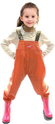 XMRS Kids Candy Color Chest Waders Waterproof PVC Bootfoot Cleated Fish Wader for Age 3-10 Yr Old (Orange, 175mm -US 12)
