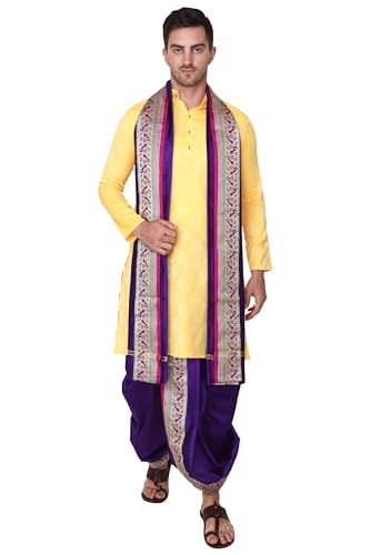 Image of Rameshwaram Fabrics Readymade Dhoti for Men, Velcro Style Stitched Mens Silk Dhoti Pant with Stole Set