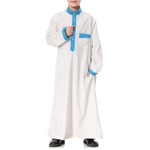 Boys Muslim Thobe Kids Islamic Kaftan Ramadan Eid Outfits Prayer Clothes Long Sleeve Stand Collar Robe with Pocket