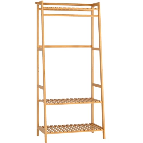 FOREHILL Kleiderständer mit Ablagen Garderobenständer Bambus Kleiderstange mit Anti-Kipp-Vorrichtung für Kleidung Schuhregal Taschen 164x70x42cm