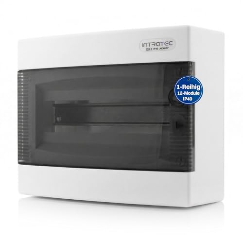 Intratec Sicherungskasten Aufputz 1 reihig IP40 Verteilerkasten Aufputz Gehäuse für 12 Module mit transparenter Tür für einfache Installation Zuhause & Gewerbe 236 x 287 x 112 mm