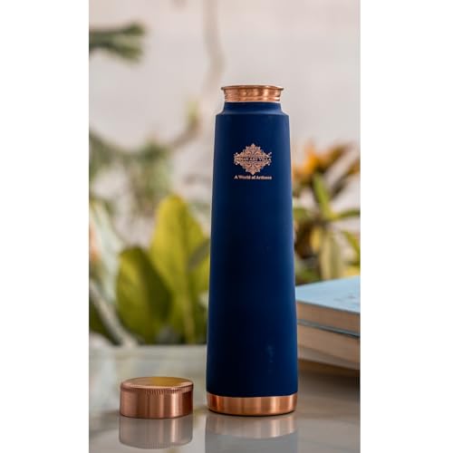 Image of INDIAN ART VILLA Pure Copper Navy Blue Pyramid Ombre Silk Finish Bottle - 800 ML, Ayurvedic Health Benefits, Ideal for Home, Office, Gym & Travel