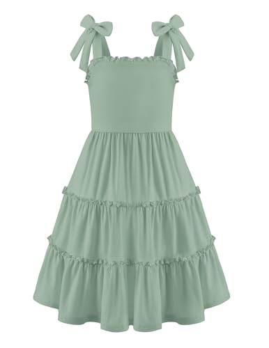 Arshiner Mädchen Kleider Fliege Trägerkleid Kinder Baumwolle Sommerkleid Ärmelloses A-Linie Swingkleid Schulterfrei Elegant Freizeitkleid für Mädchen 9-10 Jahre Hellgrün