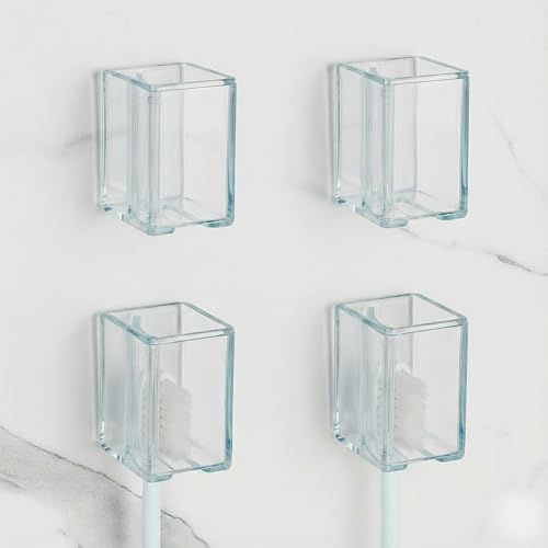 4 Pack Toothbrush Holders for Bathrooms Shower, Wall Mount Toothbrush Organizer with Cover, Self Adhesive Electric Toothbrush Storage, Tooth Brush Stand for Bathroom, Medicine Cabinet, Dorm(Clear)