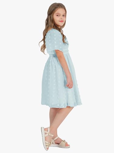 EXLURA Girls 2025 Summer Dresses Short Sleeve Swiss Dot Square Neck Flowy A Line Kids Dress Casual Party Midi Dress 6-15Y4